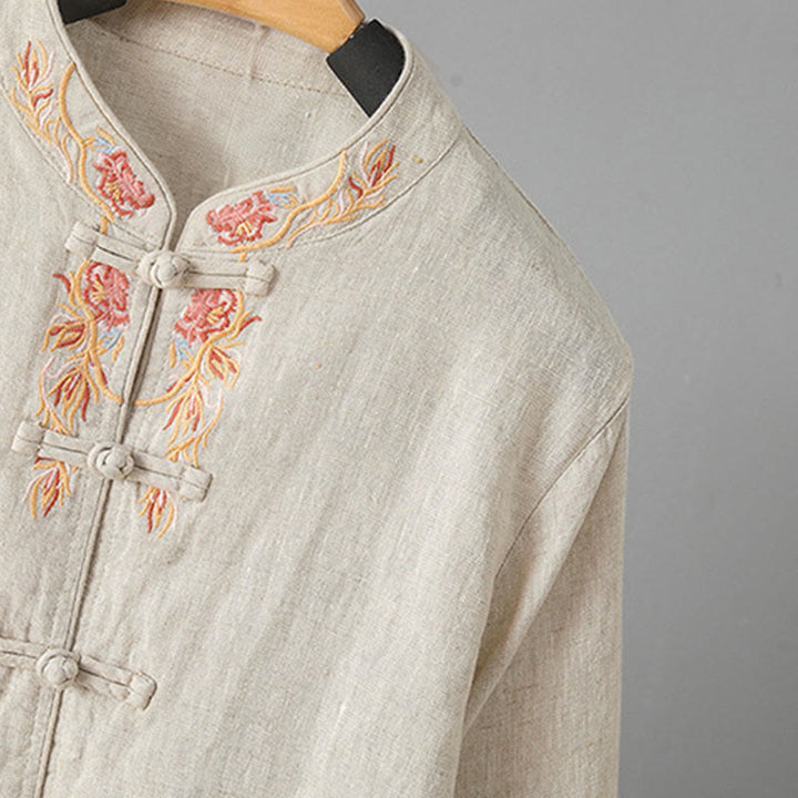 Buddha Stones Casual Women's Embroidery Long Sleeve Stand Collar Cotton Shirt - image 3