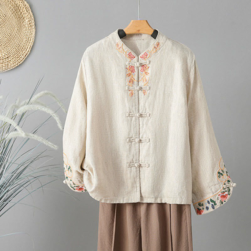Buddha Stones Casual Women's Embroidery Long Sleeve Stand Collar Cotton Shirt - Beige - US14，UK/AU18，EU46 (2XL) - image 1