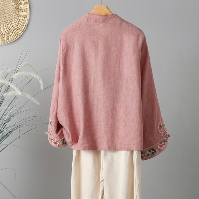 Buddha Stones Casual Women's Embroidery Long Sleeve Stand Collar Cotton Shirt - image 11