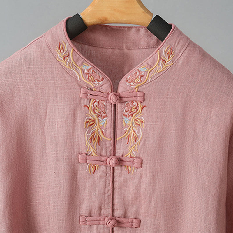 Buddha Stones Casual Women's Embroidery Long Sleeve Stand Collar Cotton Shirt - image 12