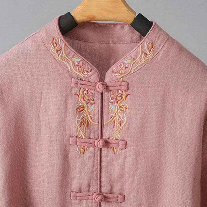 Buddha Stones Casual Women's Embroidery Long Sleeve Stand Collar Cotton Shirt - image 12