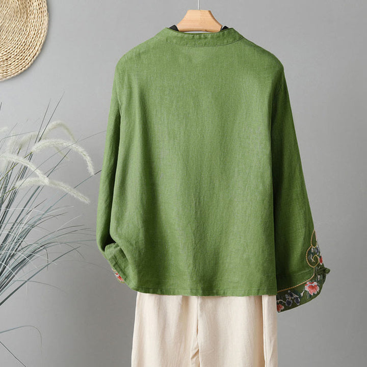 Buddha Stones Casual Women's Embroidery Long Sleeve Stand Collar Cotton Shirt - image 14