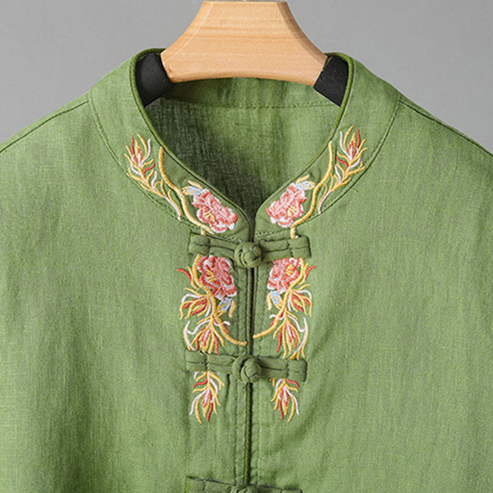 Buddha Stones Casual Women's Embroidery Long Sleeve Stand Collar Cotton Shirt - image 15