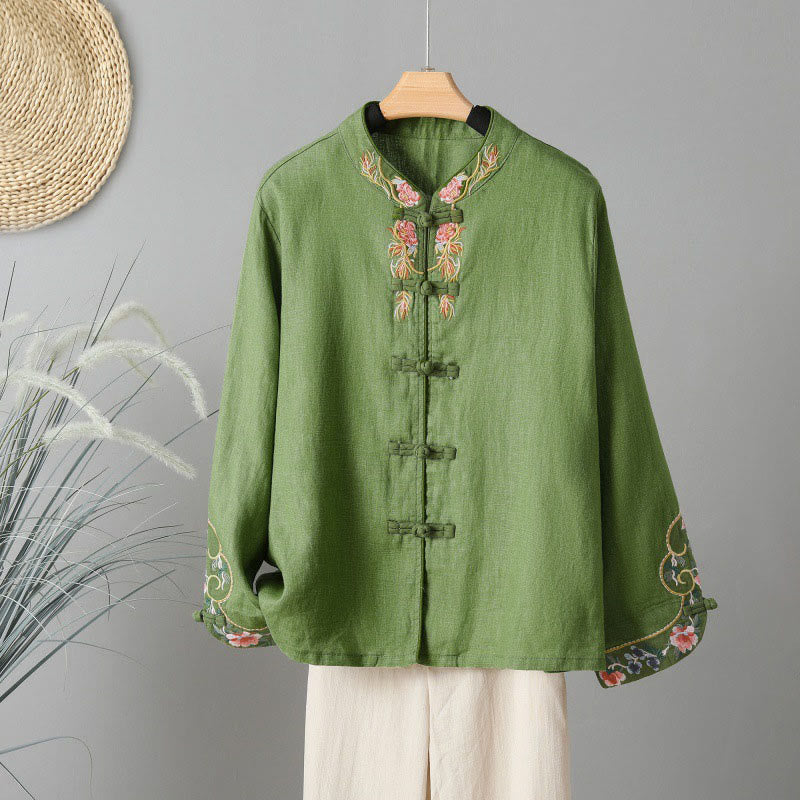 Buddha Stones Casual Women's Embroidery Long Sleeve Stand Collar Cotton Shirt - YellowGreen - US14，UK/AU18，EU46 (2XL) - image 13