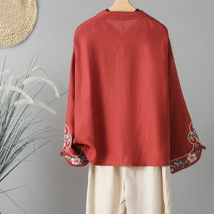 Buddha Stones Casual Women's Embroidery Long Sleeve Stand Collar Cotton Shirt - image 17