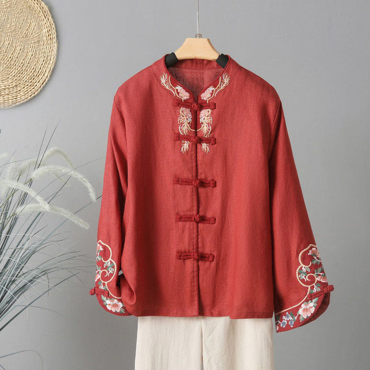 Buddha Stones Casual Women's Embroidery Long Sleeve Stand Collar Cotton Shirt - FireBrick - US14，UK/AU18，EU46 (2XL) - image 16