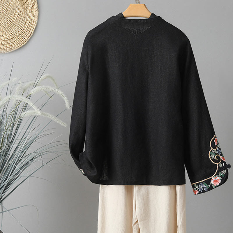 Buddha Stones Casual Women's Embroidery Long Sleeve Stand Collar Cotton Shirt - image 20