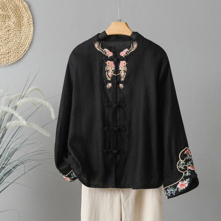 Buddha Stones Casual Women's Embroidery Long Sleeve Stand Collar Cotton Shirt - Black - US14，UK/AU18，EU46 (2XL) - image 19
