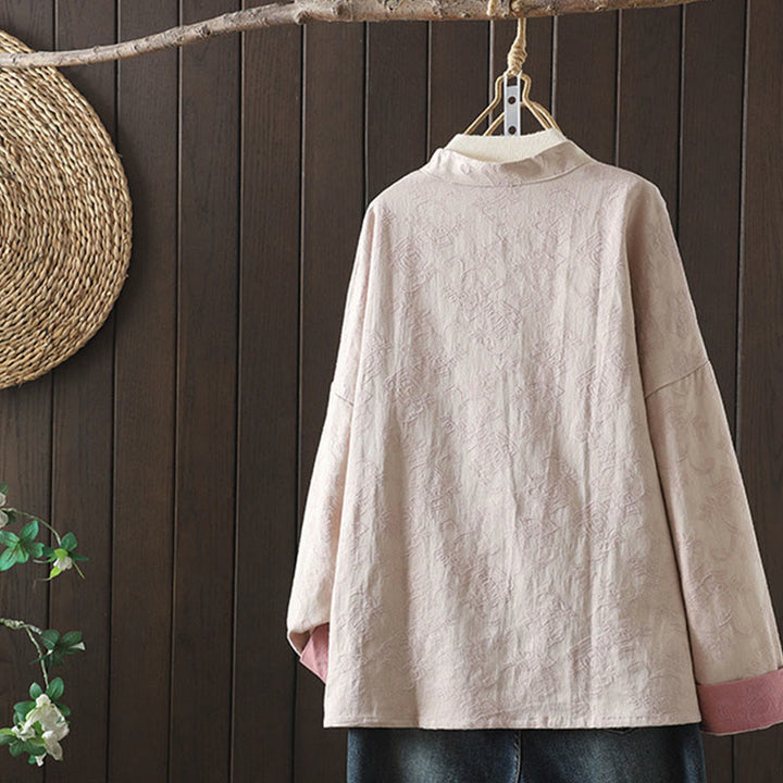 Buddha Stones Casual Women's Flower Pattern Long Sleeve Stand Collar Cotton Shirt - image 1