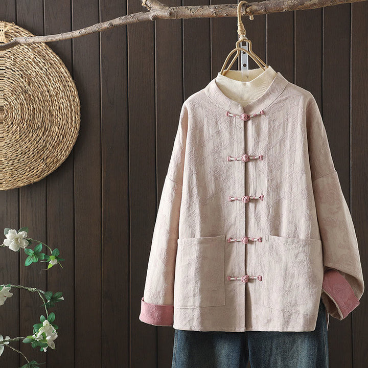 Buddha Stones Casual Women's Flower Pattern Long Sleeve Stand Collar Cotton Shirt - LavenderBlush - US14，UK/AU18，EU46 (2XL) - image 0