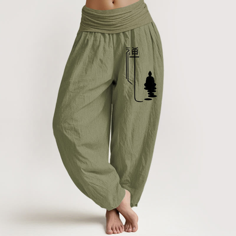 Buddha Stones Zen Buddhist Pattern Women's Elastic Waist Harem Cotton Pants - OliveDrab - US22，UK/AU26，EU54 (6XL) - image 14