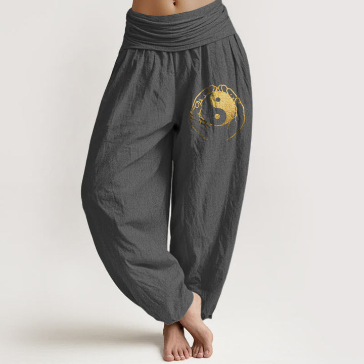 Buddha Stones Yin Yang Hand Pattern Women's Elastic Waist Harem Cotton Pants - DimGray - US22，UK/AU26，EU54 (6XL) - image 8