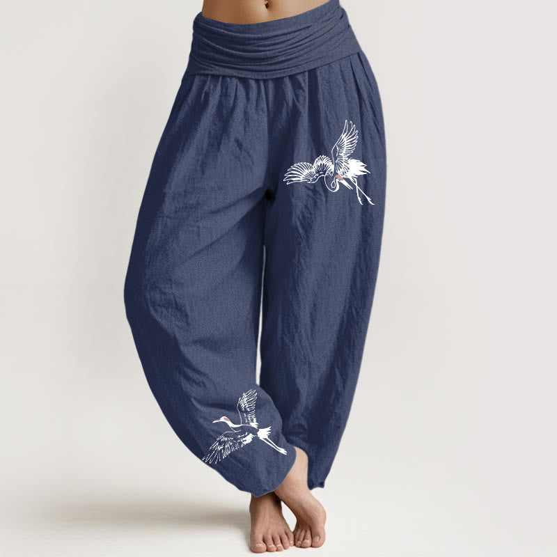 Buddha Stones Flying Red-crowned Cranes Pattern Women's Elastic Waist Harem Cotton Pants - DarkSlateBlue - US22，UK/AU26，EU54 (6XL) - image 5