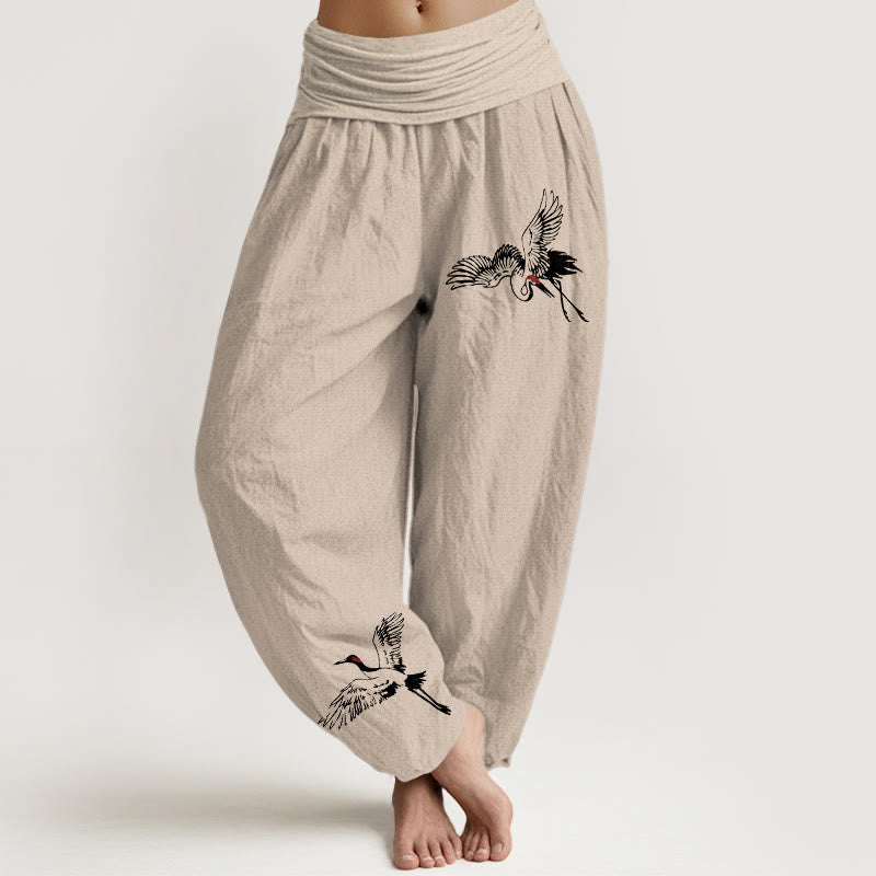 Buddha Stones Flying Red-crowned Cranes Pattern Women's Elastic Waist Harem Cotton Pants - Tan - US22，UK/AU26，EU54 (6XL) - image 11