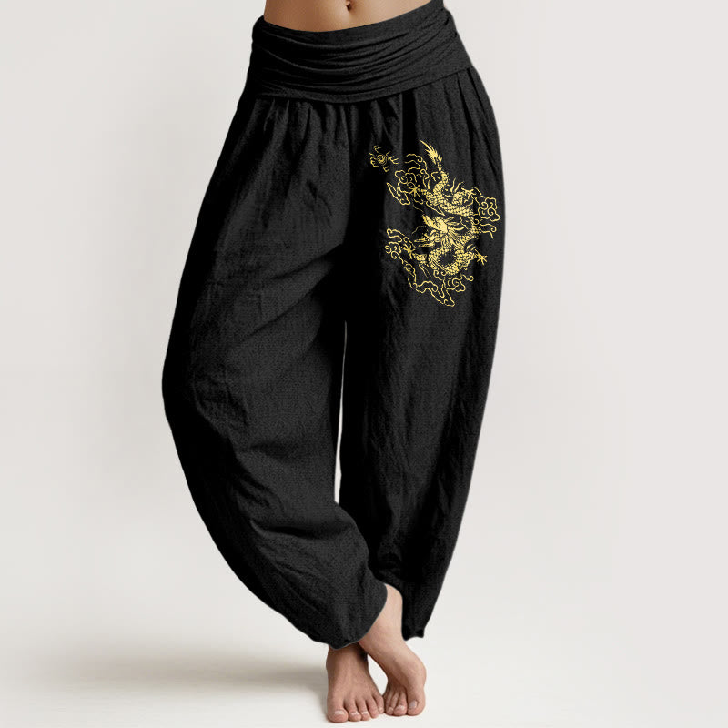 Buddha Stones Golden Dragon Print Pattern Women's Elastic Waist Harem Cotton Pants - Black - US22，UK/AU26，EU54 (6XL) - image 0