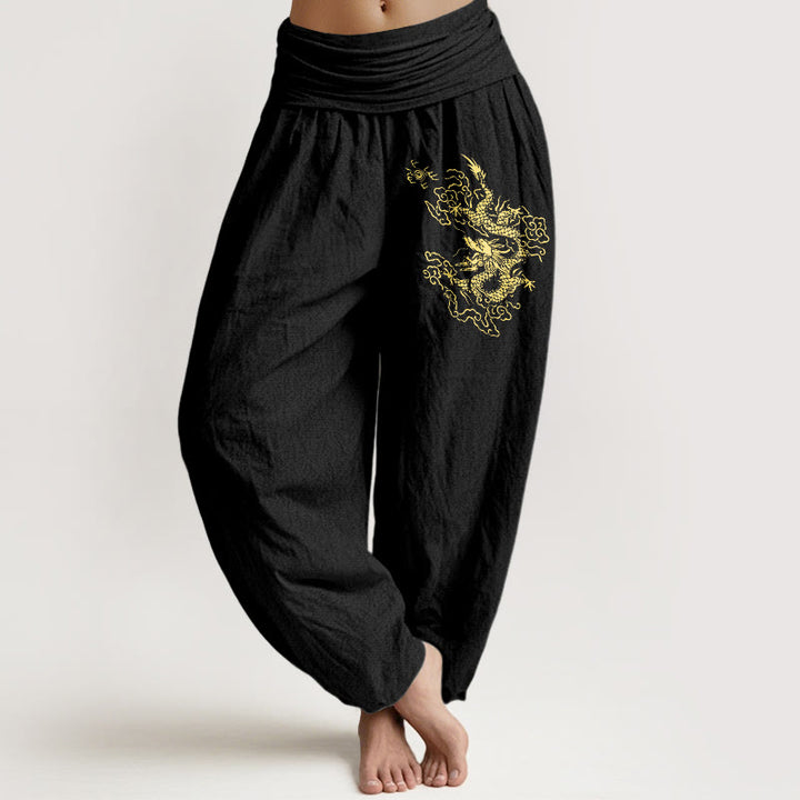 Buddha Stones Golden Dragon Print Pattern Women's Elastic Waist Harem Cotton Pants - Black - US22，UK/AU26，EU54 (6XL) - image 0