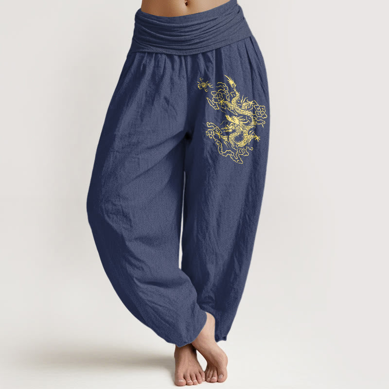 Buddha Stones Golden Dragon Print Pattern Women's Elastic Waist Harem Cotton Pants - DarkSlateBlue - US22，UK/AU26，EU54 (6XL) - image 5