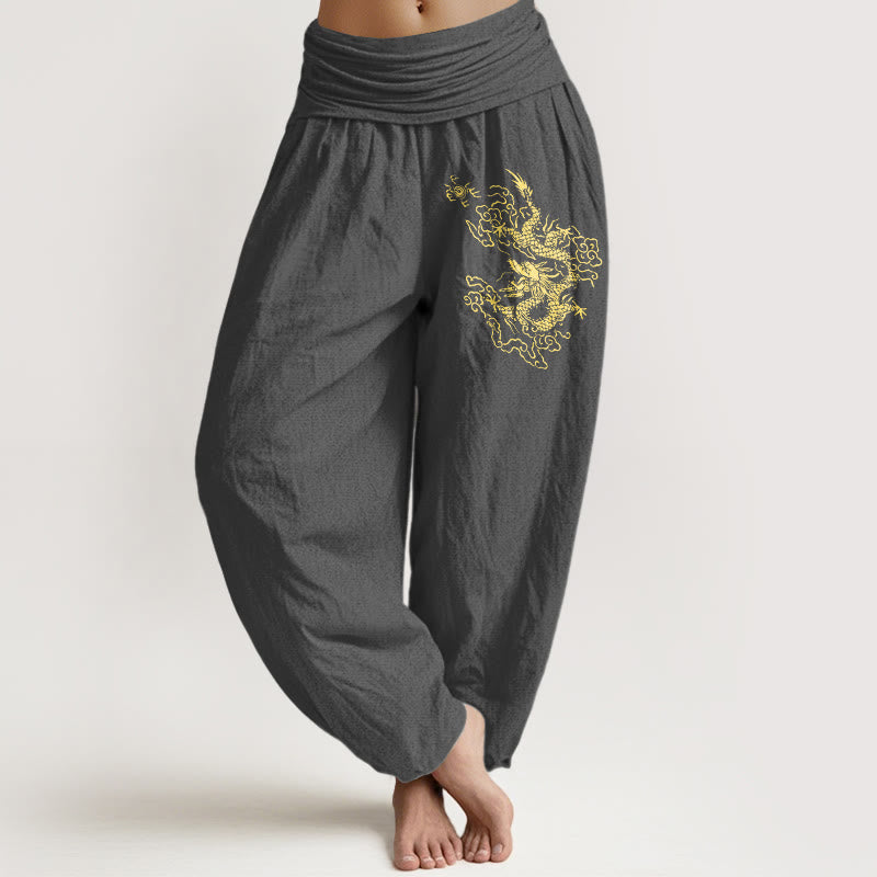 Buddha Stones Golden Dragon Print Pattern Women's Elastic Waist Harem Cotton Pants - DimGray - US22，UK/AU26，EU54 (6XL) - image 8