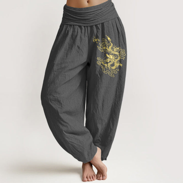 Buddha Stones Golden Dragon Print Pattern Women's Elastic Waist Harem Cotton Pants - DimGray - US22，UK/AU26，EU54 (6XL) - image 8