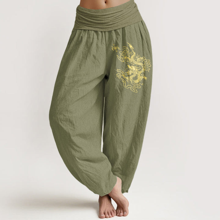 Buddha Stones Golden Dragon Print Pattern Women's Elastic Waist Harem Cotton Pants - OliveDrab - US22，UK/AU26，EU54 (6XL) - image 14