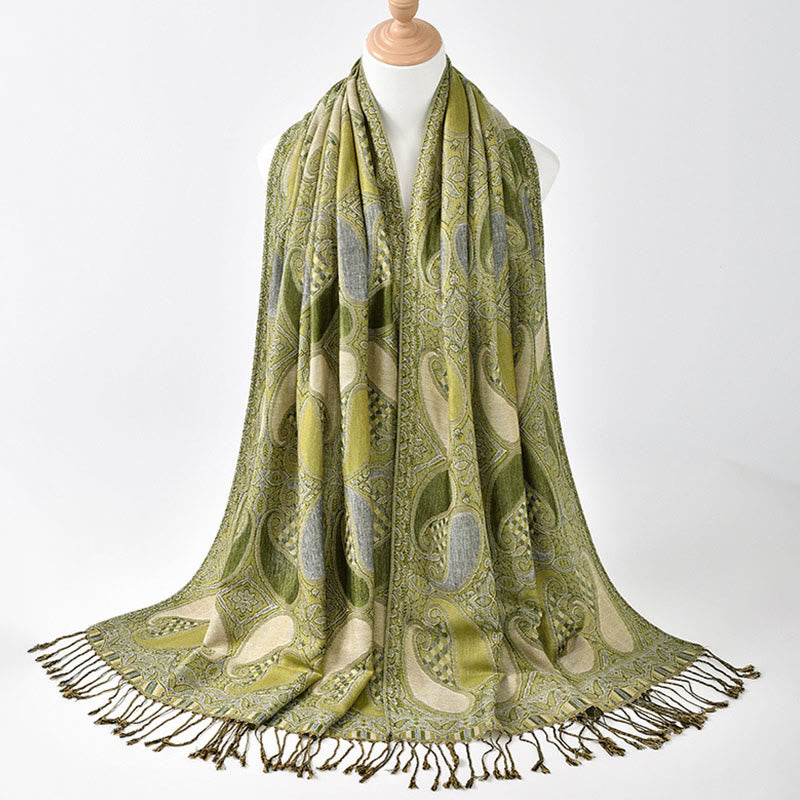 Buddha Stones Fall Cashew Flower Geometry Pattern Tassel Cozy Scarf Shawl - YellowGreen - 175*70CM - image 8