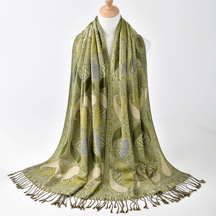 Buddha Stones Fall Cashew Flower Geometry Pattern Tassel Cozy Scarf Shawl - YellowGreen - 175*70CM - image 8