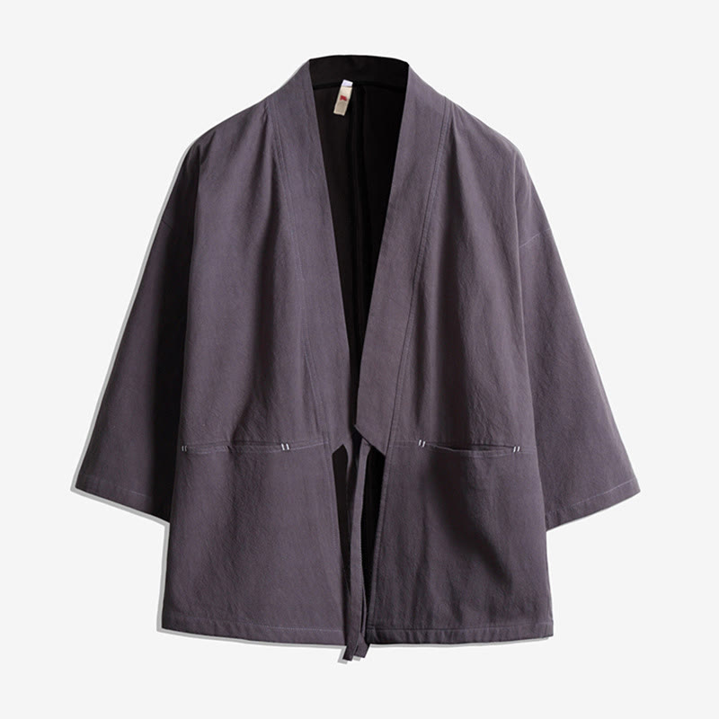 Buddha Stones Solid Color Lace-up Three Quarter Sleeve Open Front Jacket Men's Kimono - Gray - US/UK/AU48，EU58(5XL) - image 4