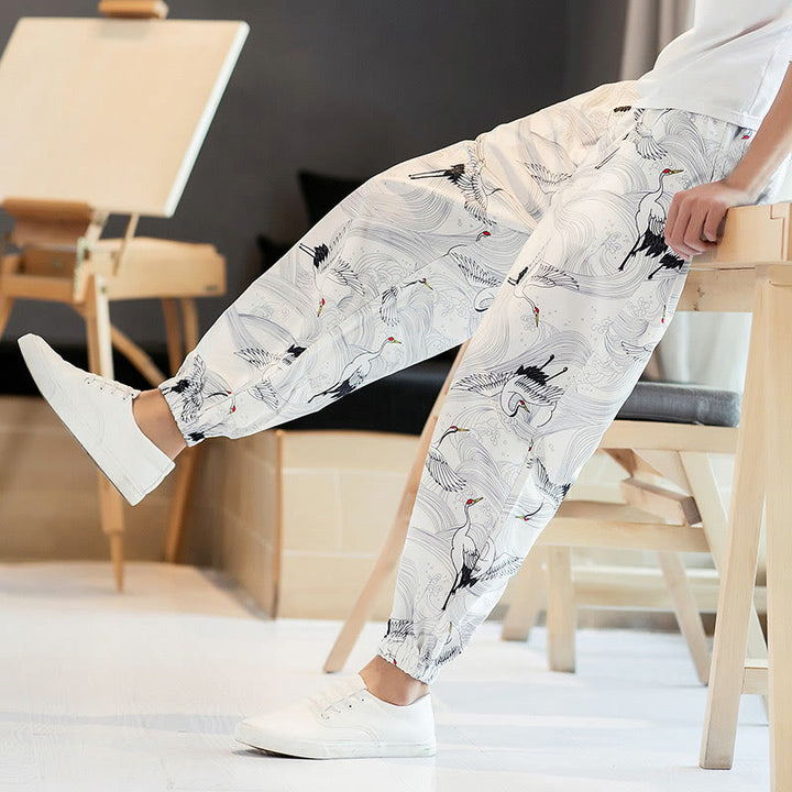 Buddha Stones Crane Auspicious Clouds Design Men's Harem Pants With Pockets - image 15