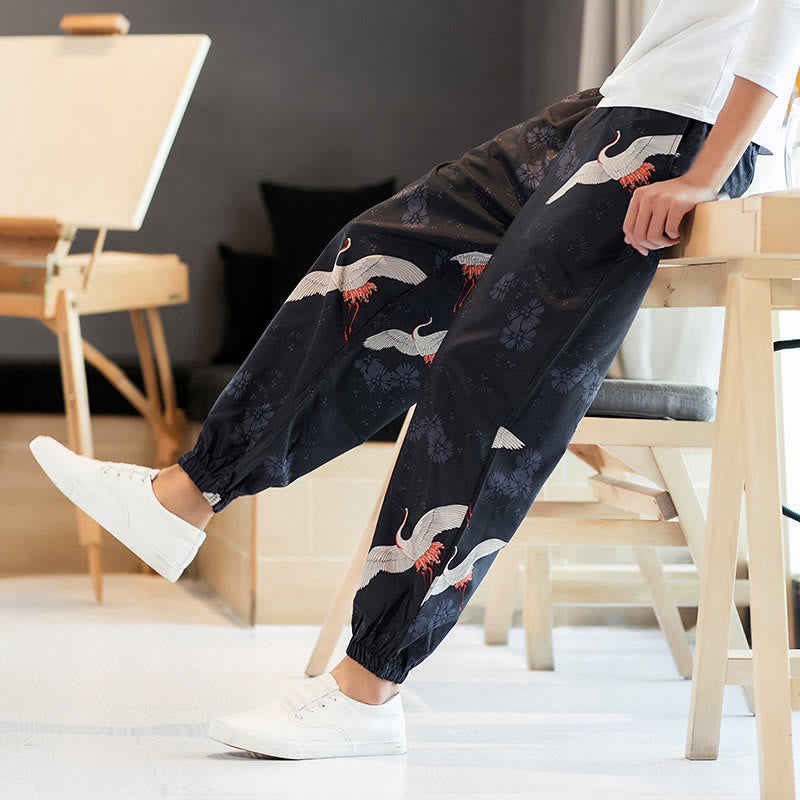 Buddha Stones Crane Auspicious Clouds Design Men's Harem Pants With Pockets - image 7