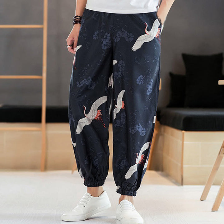 Buddha Stones Crane Auspicious Clouds Design Men's Harem Pants With Pockets - SteelBlue - US/UK/AU46，EU56 (5XL) - image 0