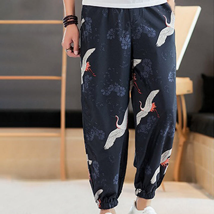 Buddha Stones Crane Auspicious Clouds Design Men's Harem Pants With Pockets - image 1