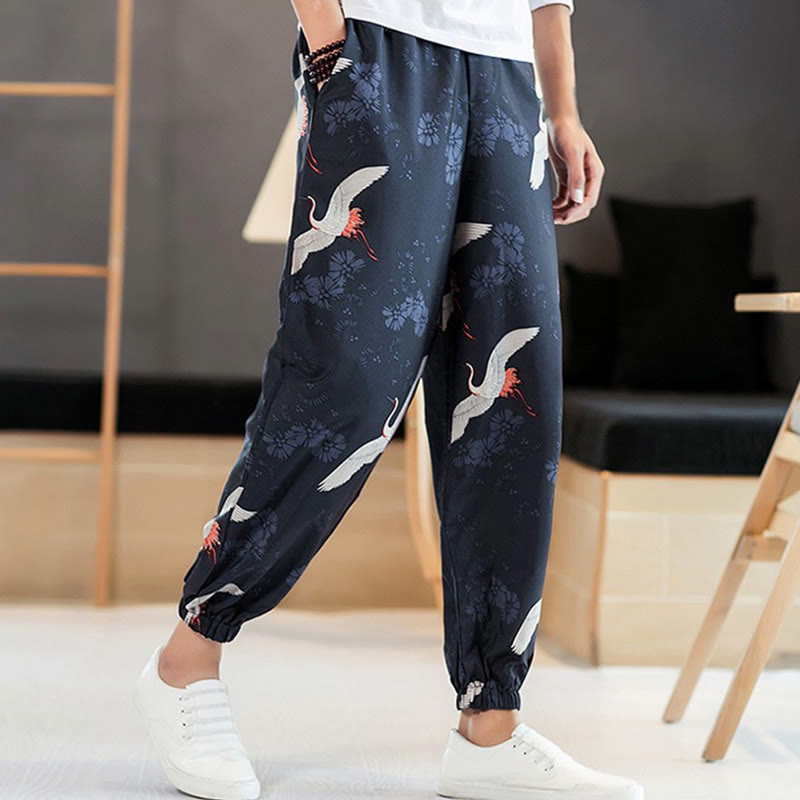 Buddha Stones Crane Auspicious Clouds Design Men's Harem Pants With Pockets - image 3