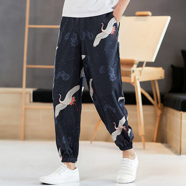 Buddha Stones Crane Auspicious Clouds Design Men's Harem Pants With Pockets - image 4