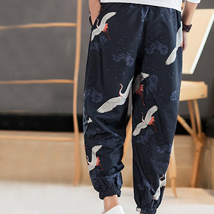 Buddha Stones Crane Auspicious Clouds Design Men's Harem Pants With Pockets - image 2