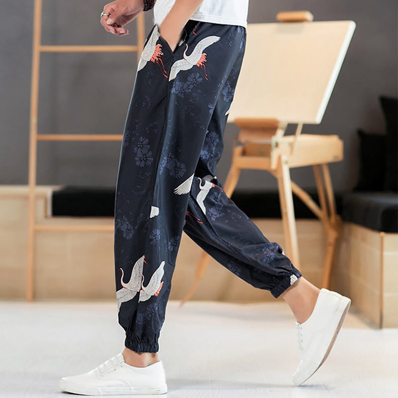Buddha Stones Crane Auspicious Clouds Design Men's Harem Pants With Pockets - image 5