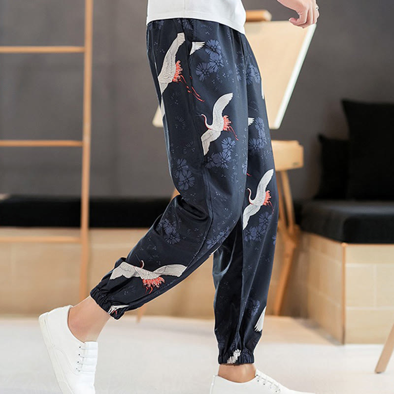 Buddha Stones Crane Auspicious Clouds Design Men's Harem Pants With Pockets - image 6