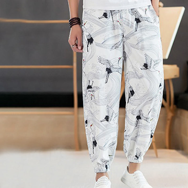 Buddha Stones Crane Auspicious Clouds Design Men's Harem Pants With Pockets - image 10
