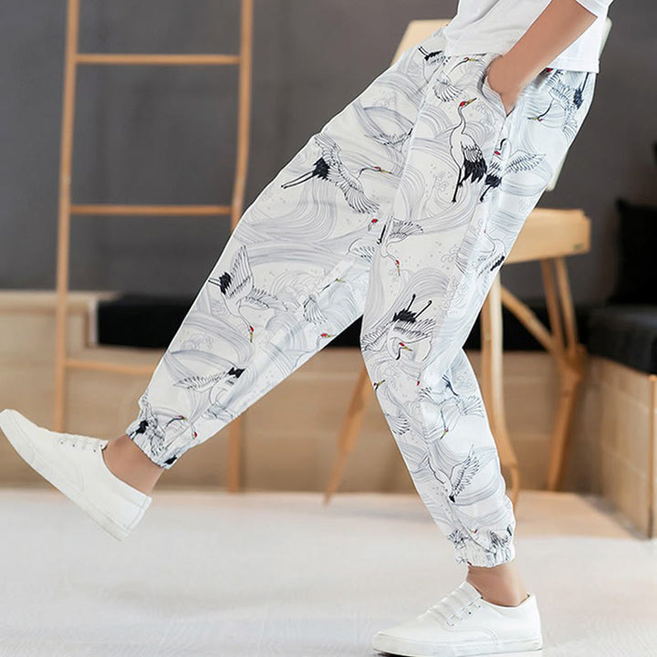 Buddha Stones Crane Auspicious Clouds Design Men's Harem Pants With Pockets - image 14