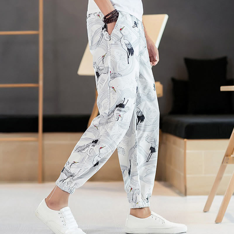 Buddha Stones Crane Auspicious Clouds Design Men's Harem Pants With Pockets - image 13