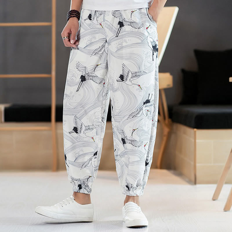 Buddha Stones Crane Auspicious Clouds Design Men's Harem Pants With Pockets - image 9