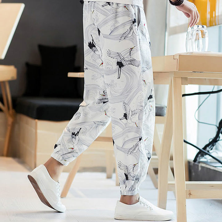 Buddha Stones Crane Auspicious Clouds Design Men's Harem Pants With Pockets - image 12
