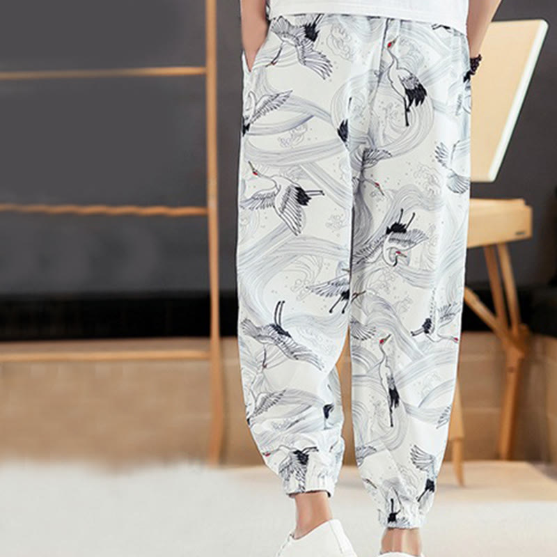 Buddha Stones Crane Auspicious Clouds Design Men's Harem Pants With Pockets - image 11