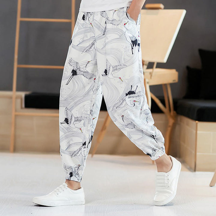 Buddha Stones Crane Auspicious Clouds Design Men's Harem Pants With Pockets - White - US/UK/AU46，EU56 (5XL) - image 8