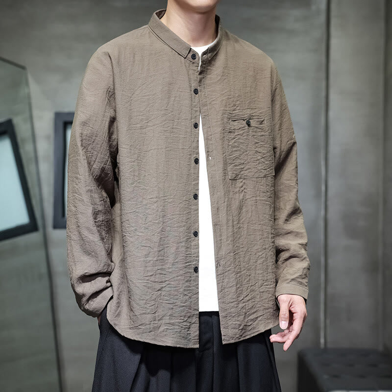 Buddha Stones Spring Men's Solid Color Buttons Design Long Sleeve Shirt - Tan - US/UK/AU46，EU56 (5XL) - image 17