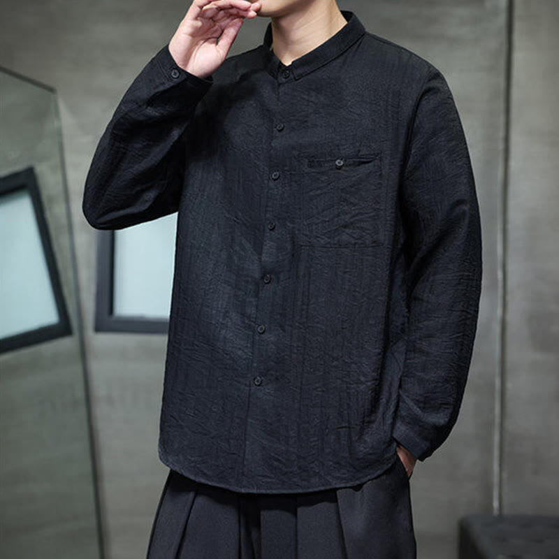 Buddha Stones Spring Men's Solid Color Buttons Design Long Sleeve Shirt - image 5