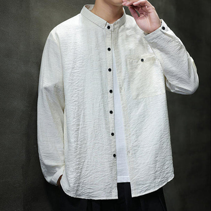 Buddha Stones Spring Men's Solid Color Buttons Design Long Sleeve Shirt - image 13