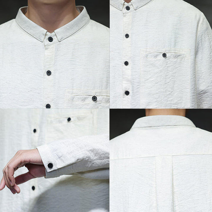 Buddha Stones Spring Men's Solid Color Buttons Design Long Sleeve Shirt - image 16