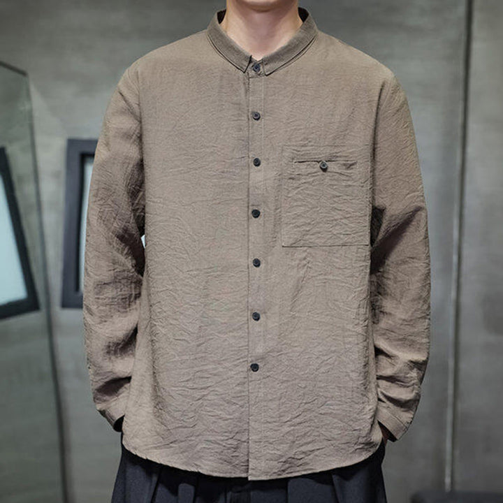 Buddha Stones Spring Men's Solid Color Buttons Design Long Sleeve Shirt - image 22