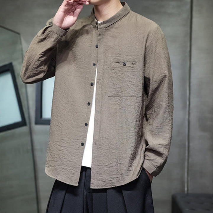 Buddha Stones Spring Men's Solid Color Buttons Design Long Sleeve Shirt - image 20