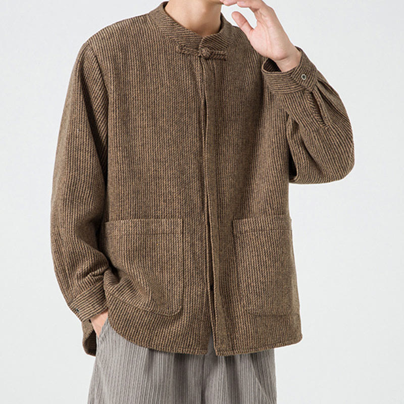 Buddha Stones Solid Color Frog-Button Long Sleeve Men's Cotton Corduroy Jacket With Pockets - image 7